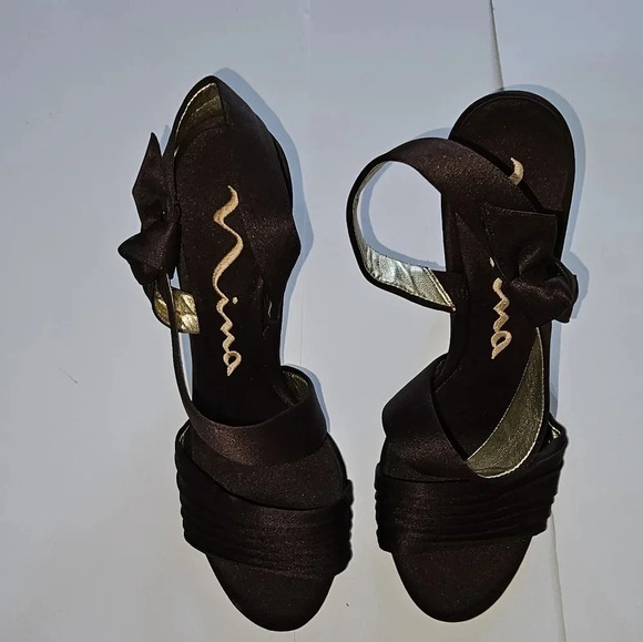 Nina Brown Satin Open Toe Gold Bottom Heels - Picture 3 of 6